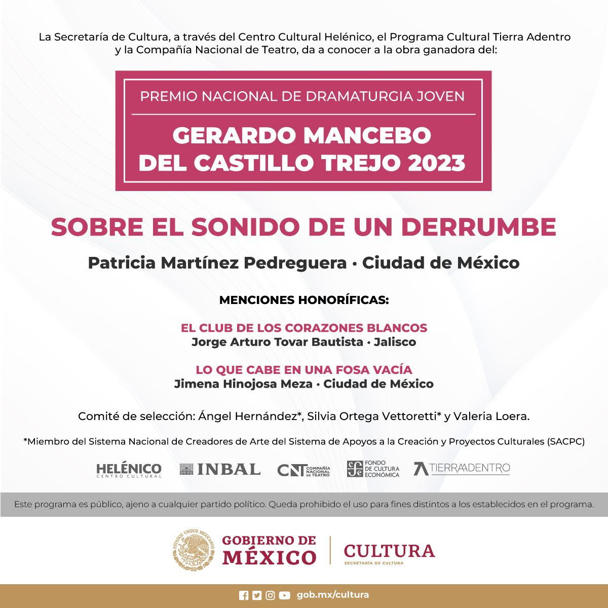 "Sobre el sonido de un derrumbe" es la obra ganadora del Premio Nacional de Dramaturgia Joven Gerardo Mancebo del Castillo Trejo 2023