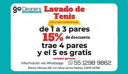 GO CLEANER - Lavado de 1 a 3 pares con 15% de descuento o trae 4 y el 5 par Gratis.