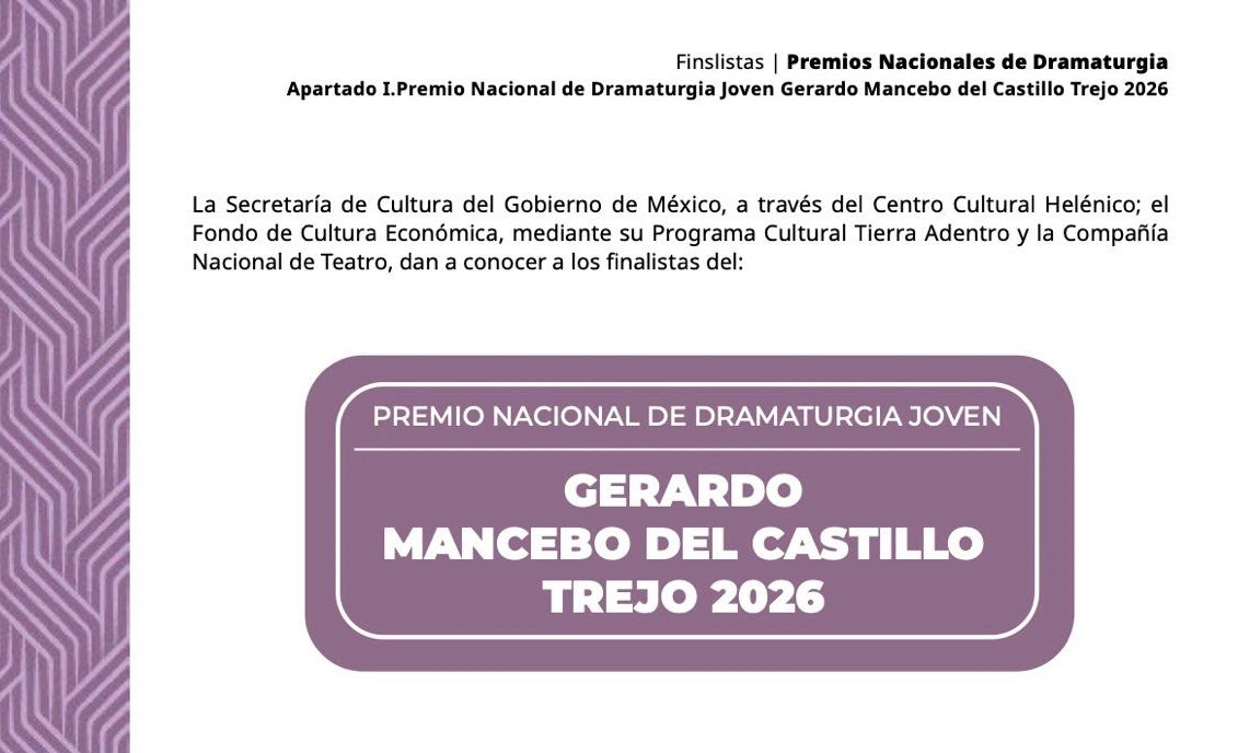 El Premio Nacional de Dramaturgia Joven Gerardo Mancebo del Castillo Trejo revela a las cinco obras finalistas de su edición 2026
