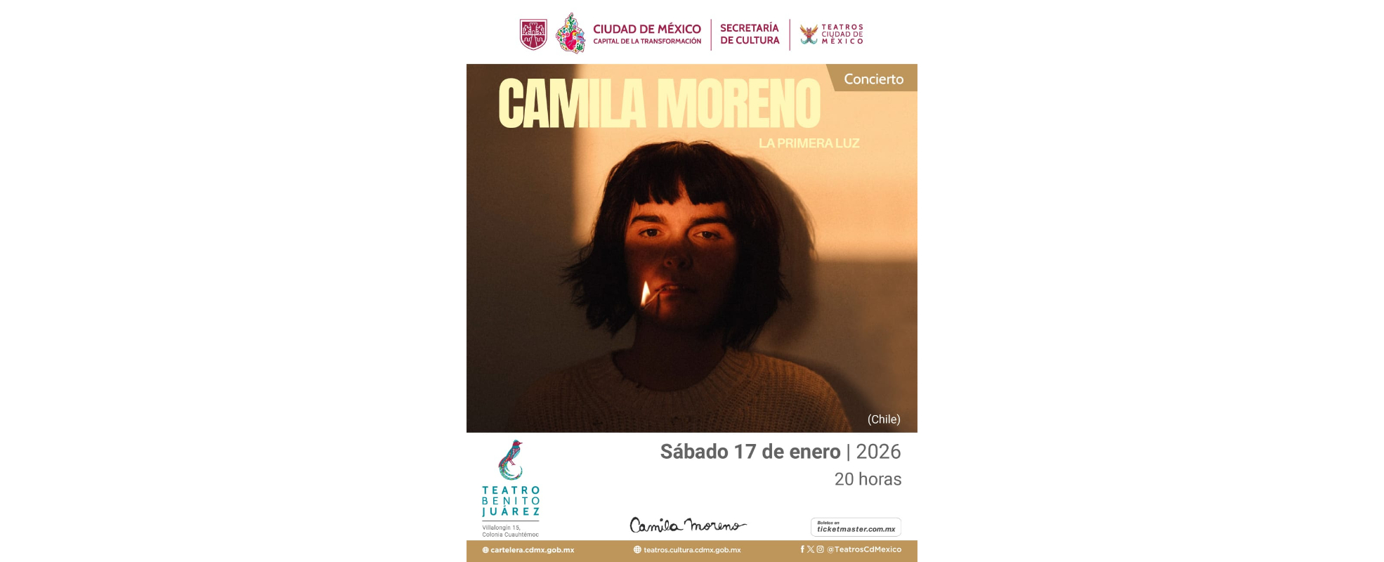 Camila Moreno presenta "La Primera Luz" el 17 de enero en el Teatro Benito Juárez